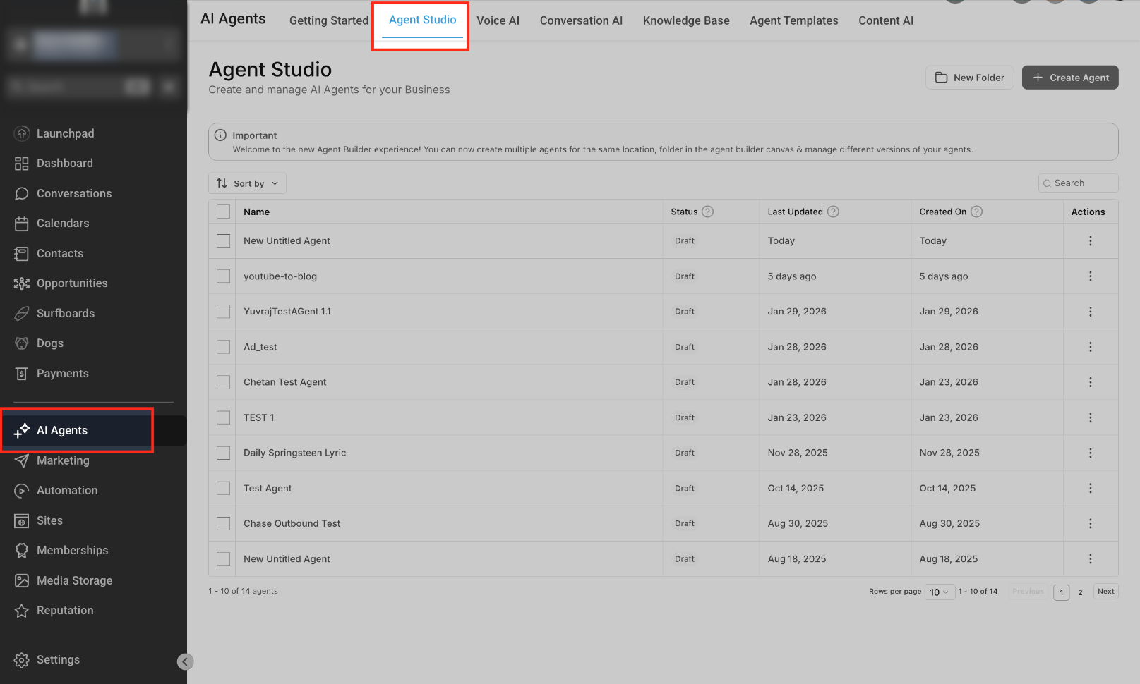 Agent Studio dashboard showing existing flow-based AI agents