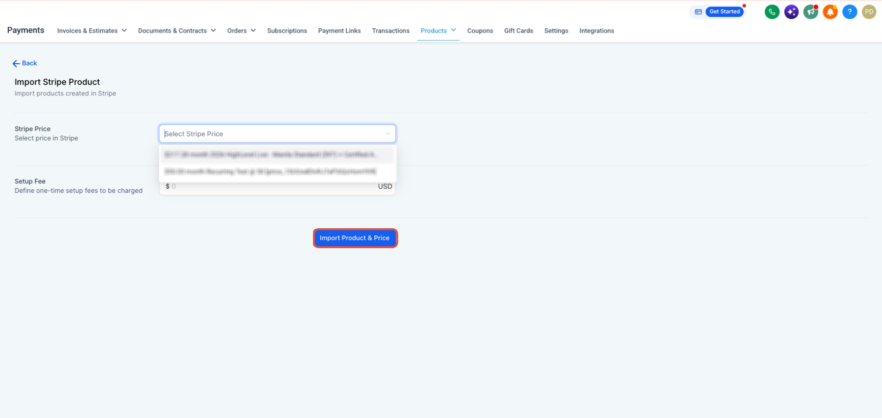 Import From Stripe interface showing an eligible recurring product and price
