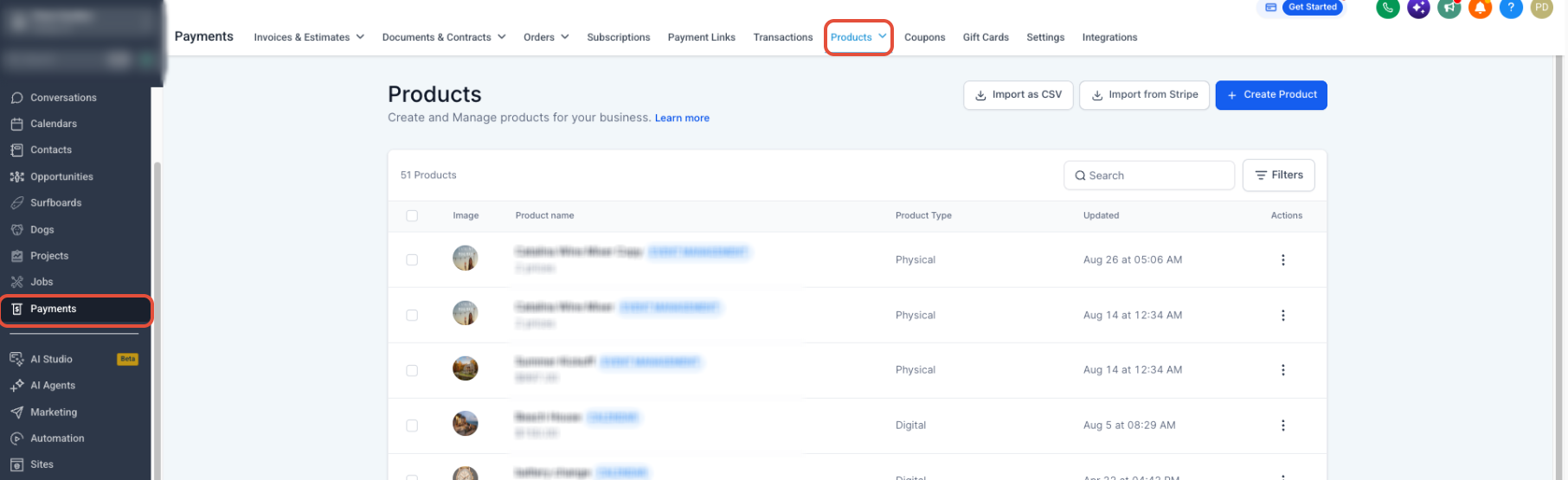 Payments Products page showing the Import From Stripe option