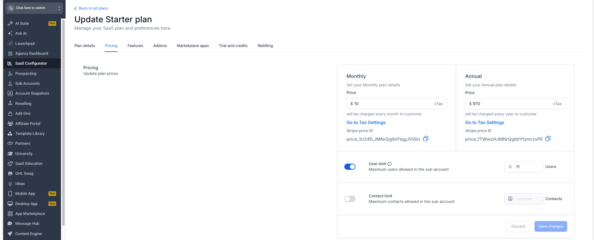 SaaS plan Pricing tab showing the User limit setting