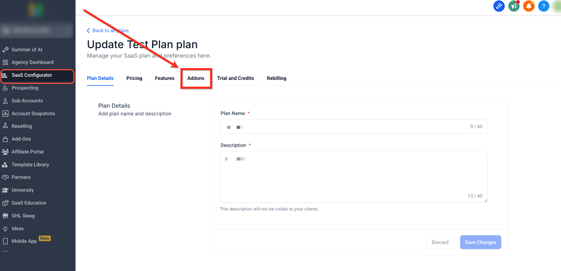 SaaS plan editor showing the Add-Ons section