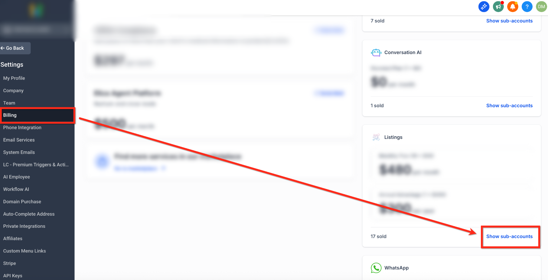 Agency Billing page showing the Listings subscription area