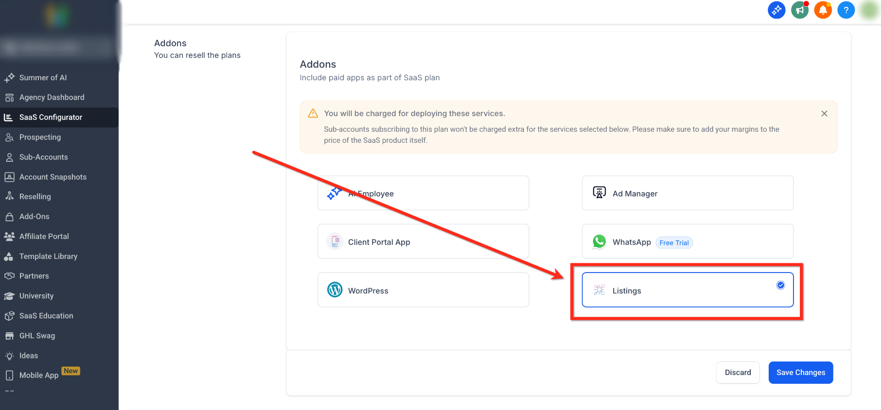 Listings selected as an add-on in the SaaS plan configuration