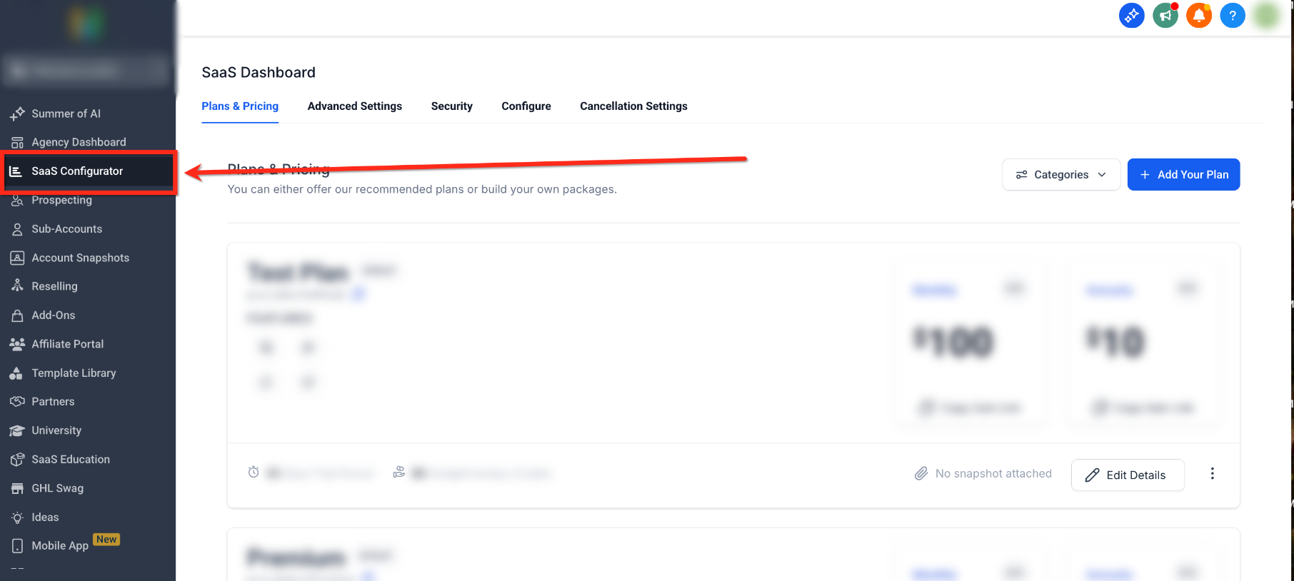 Agency View navigation showing SaaS Configurator