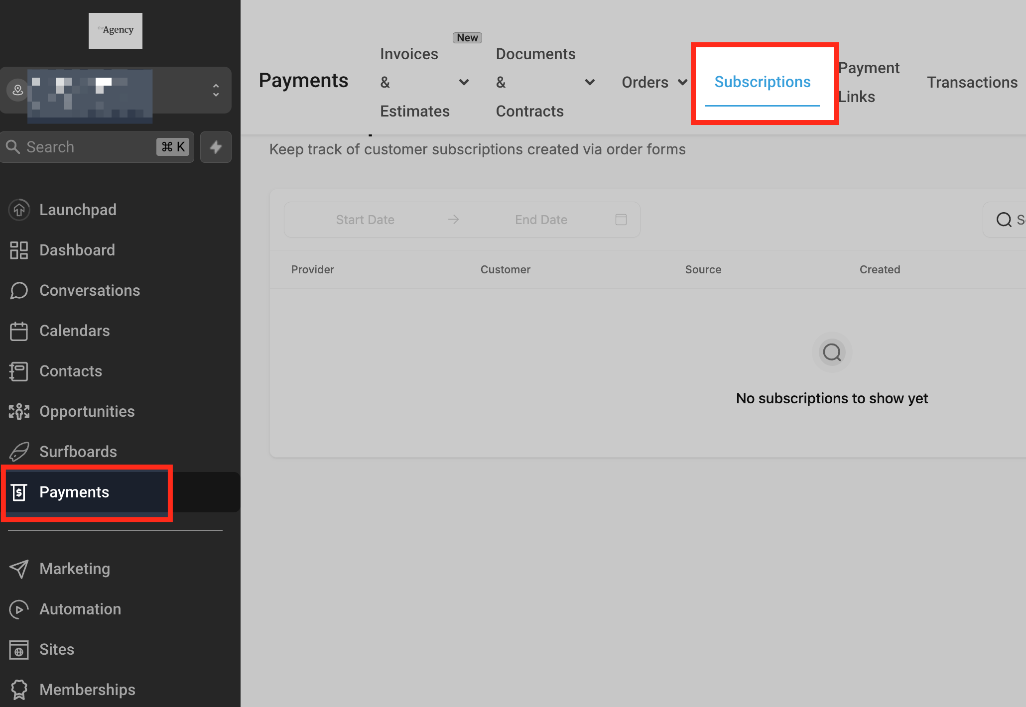 Subscriptions page showing the pause action in the subscription options menu