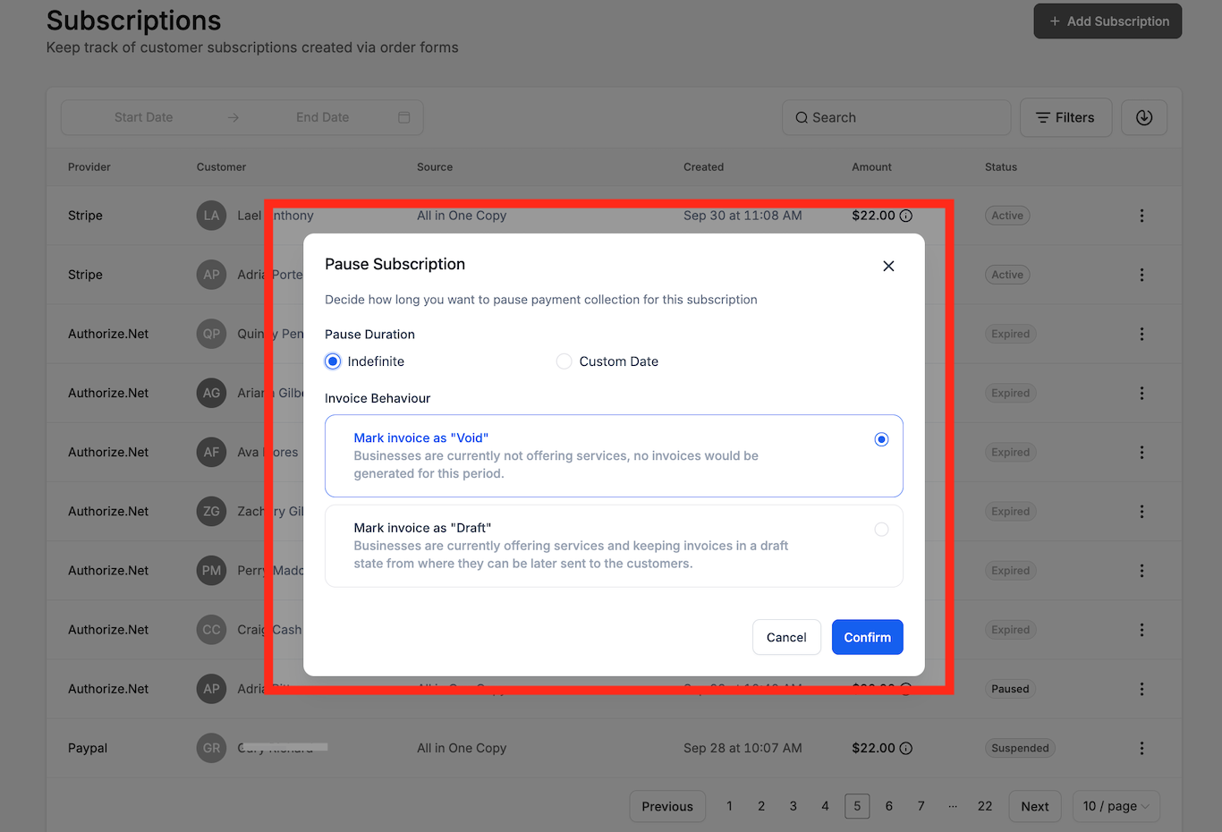 Pause subscription settings showing pause duration and invoice handling options