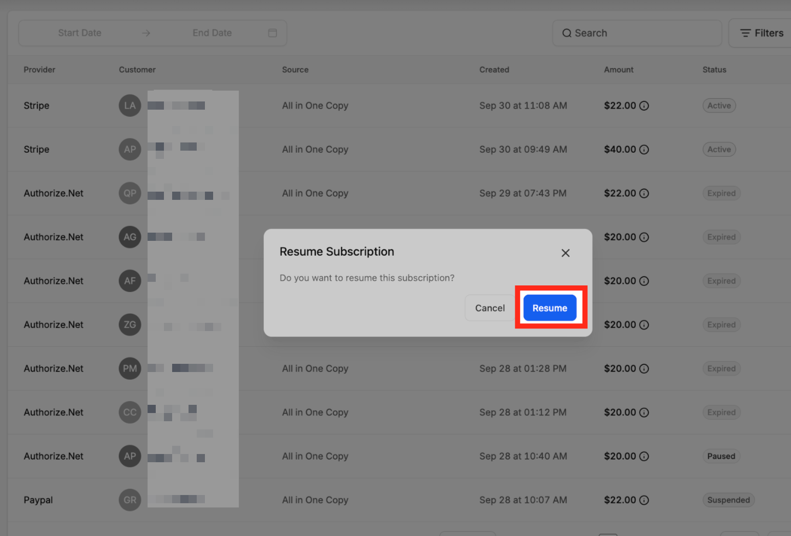 Paused subscription showing the Resume action