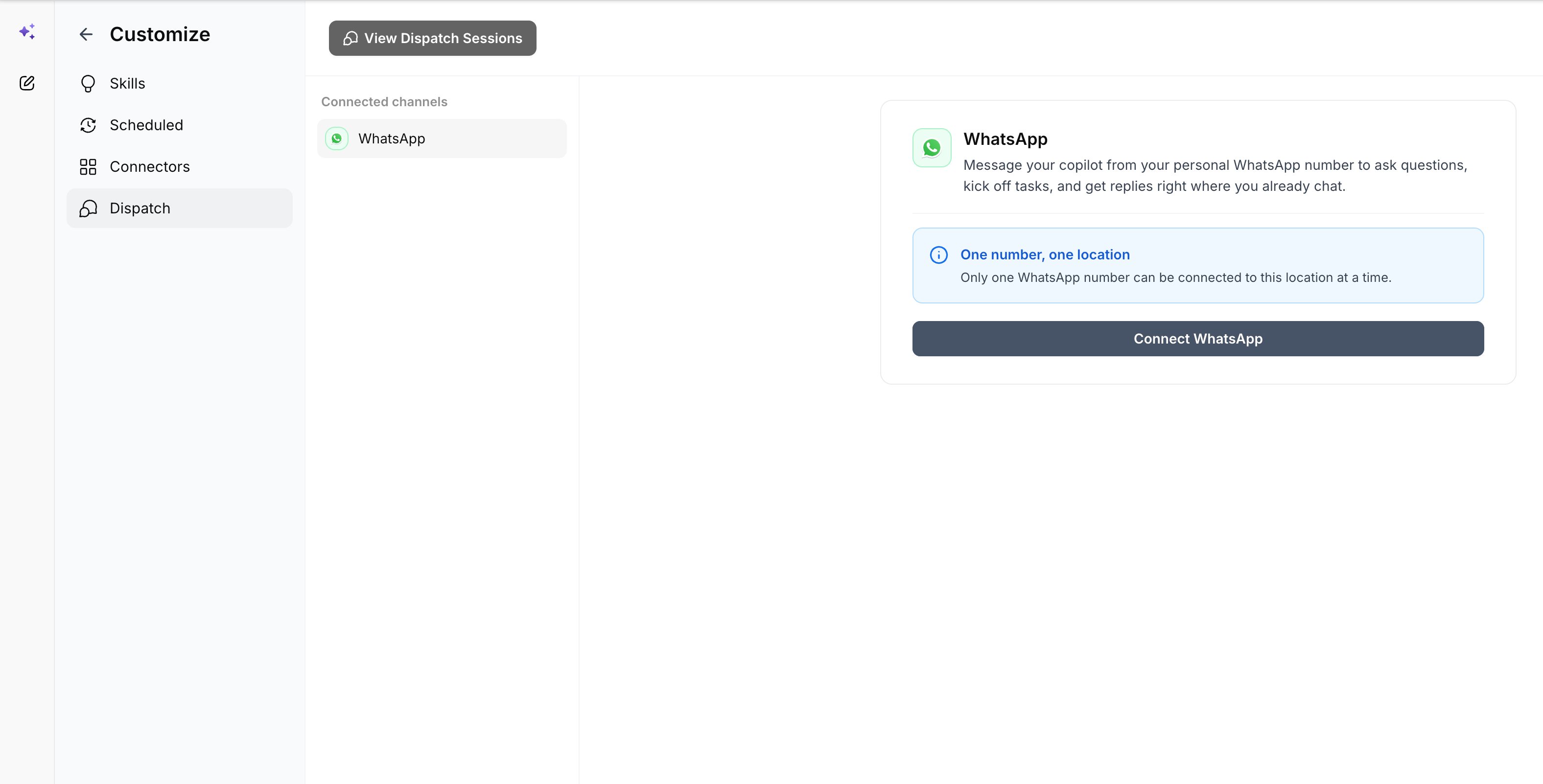 Ask AI Customize Dispatch page with the Connect WhatsApp button