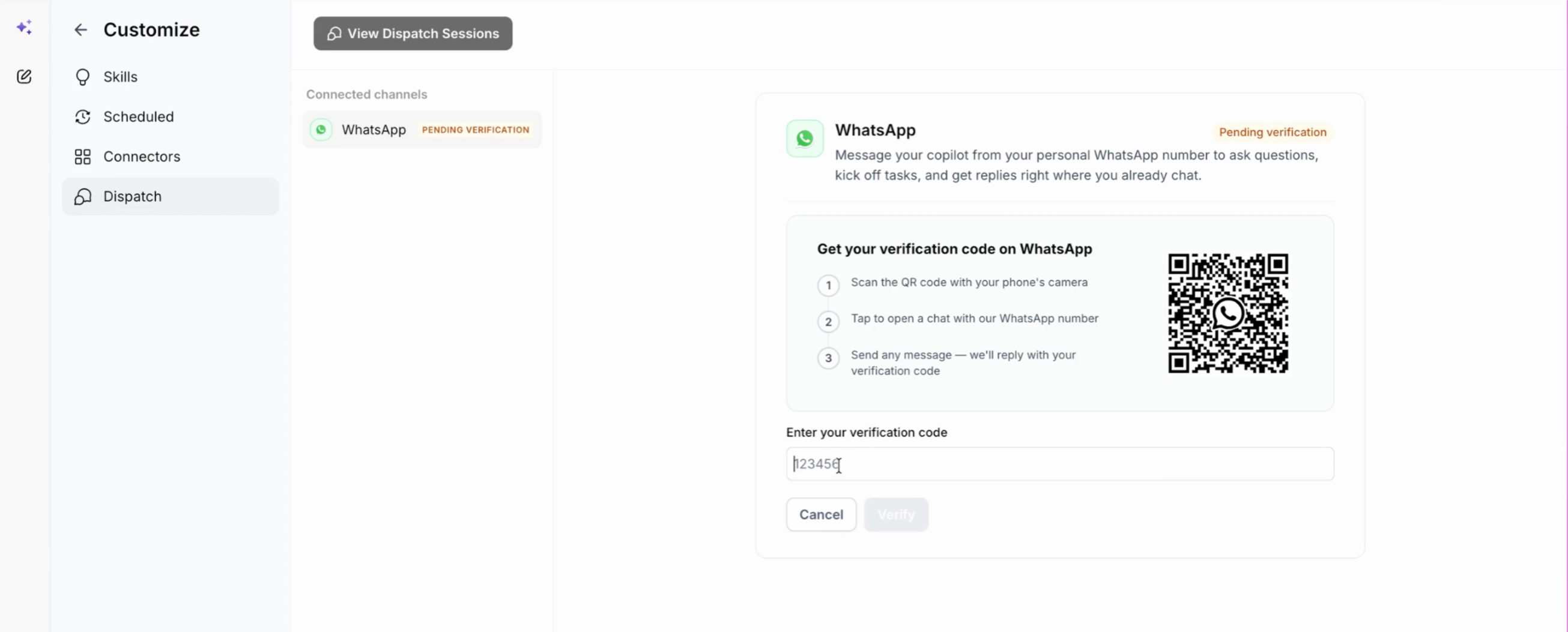 WhatsApp verification screen with QR code and verification code field