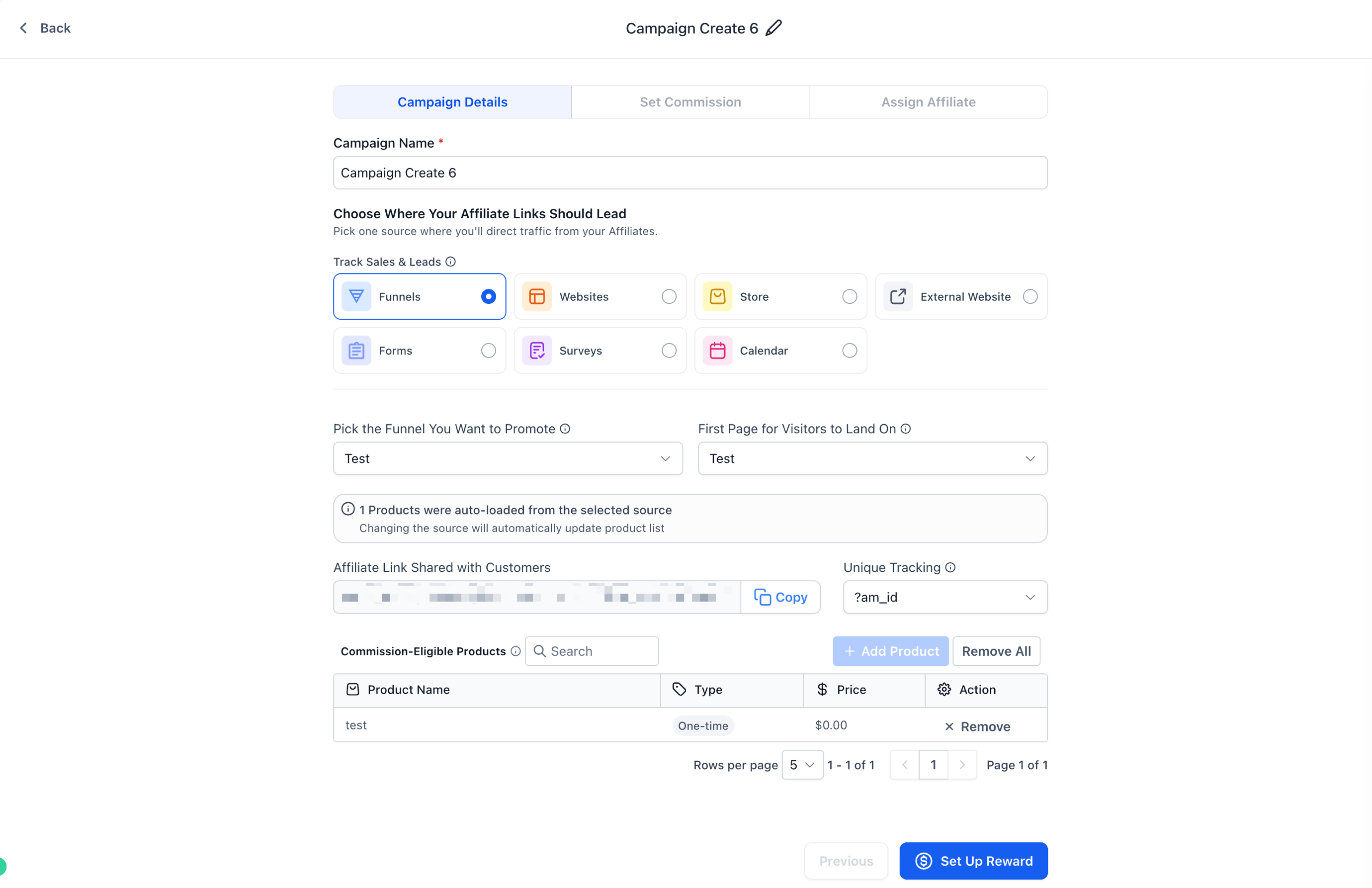 Campaign details step with source settings and product list