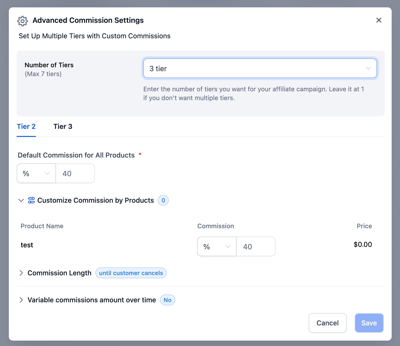Advanced commission settings showing the Number of tiers control