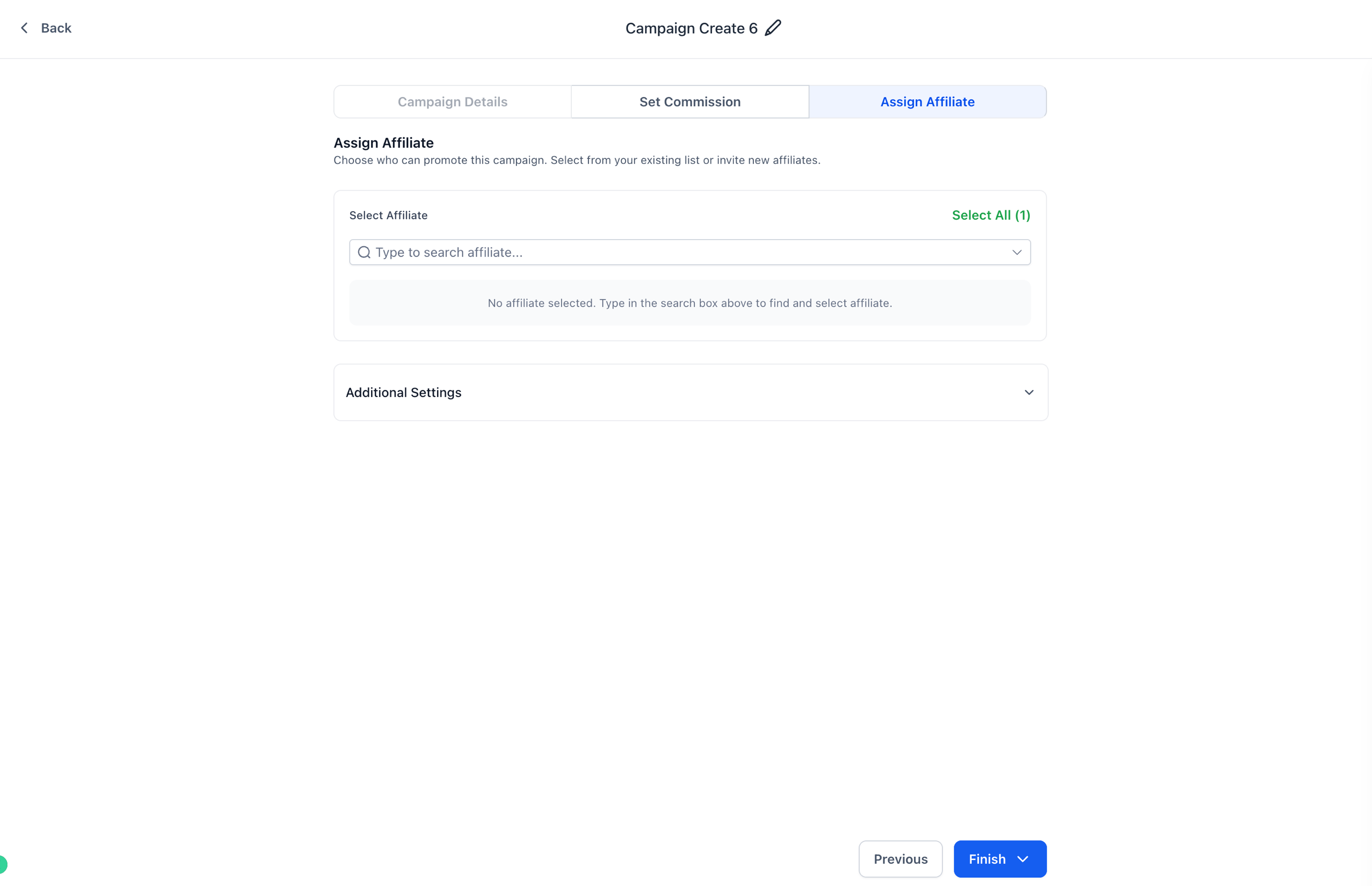 Finish step showing affiliate assignment and campaign completion options