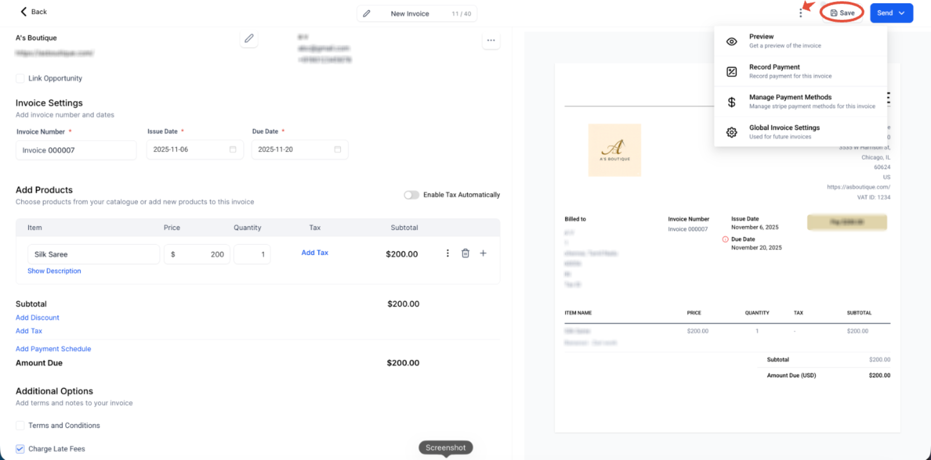 Invoice editor three-dot menu showing the Preview option