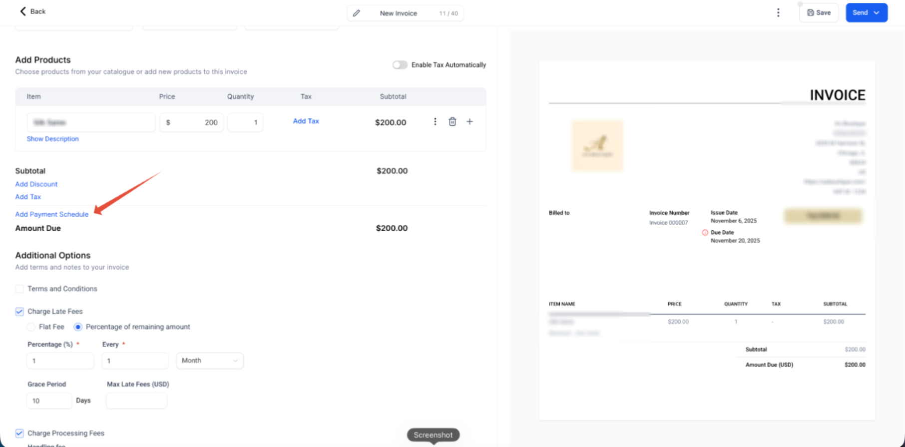 Invoice editor showing Add Payment Schedule and Additional Options