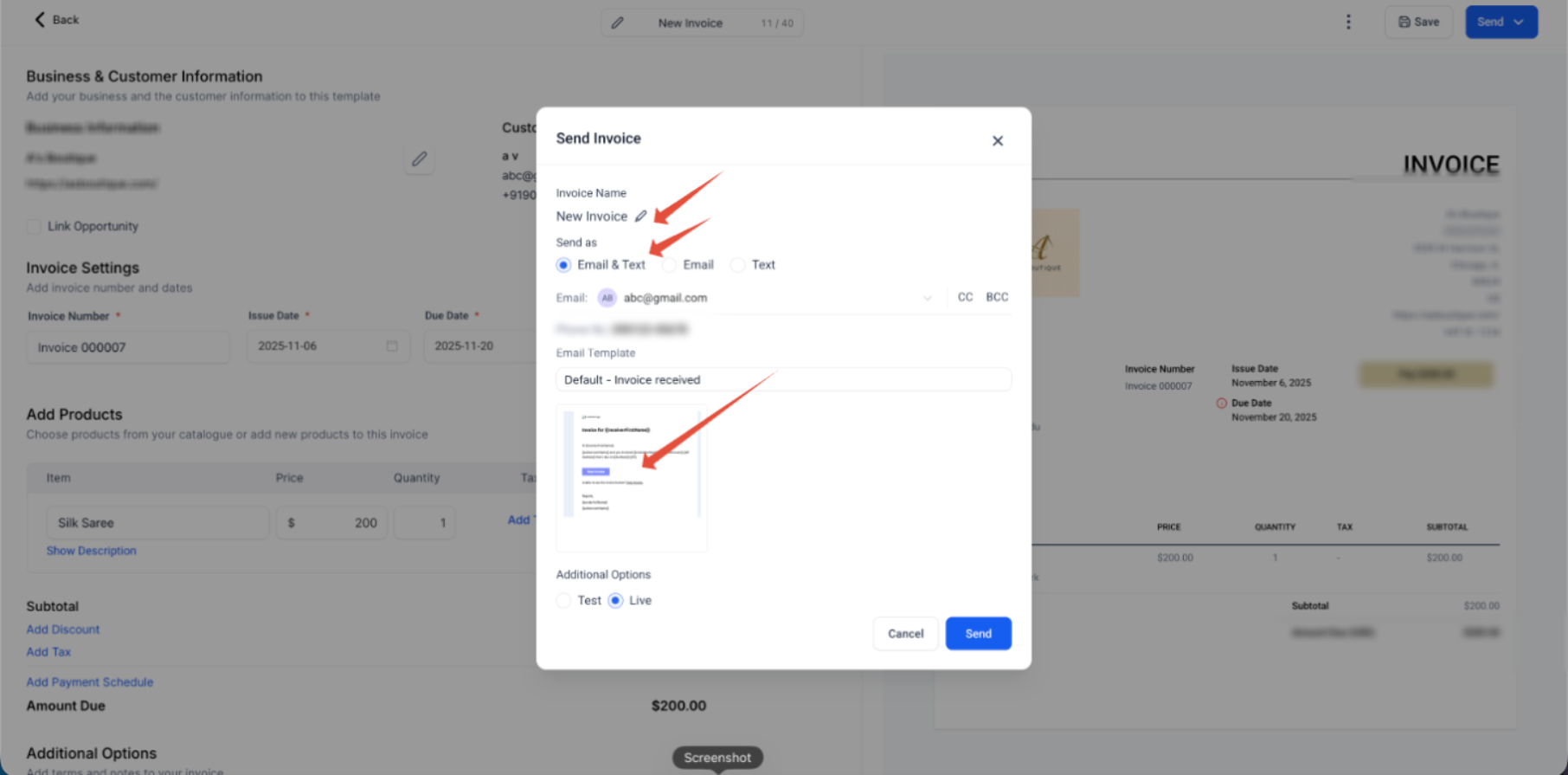 Send Invoice window showing invoice name delivery options email template and additional options
