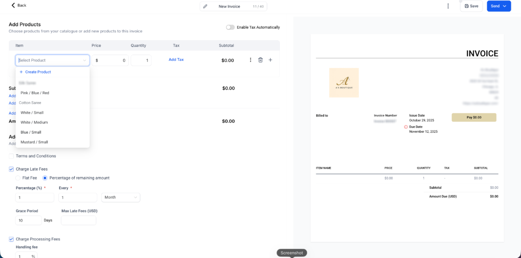Invoice editor product selector showing existing products and Create Product