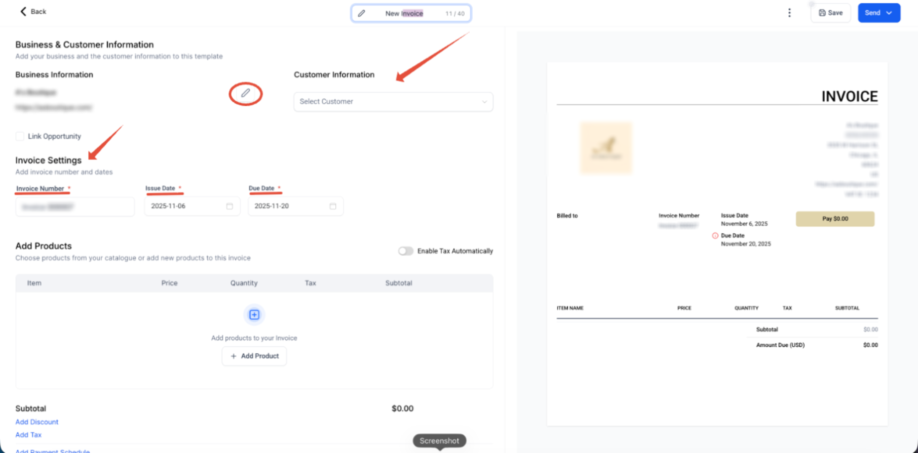 Invoice editor showing business information customer selection invoice number issue date and due date