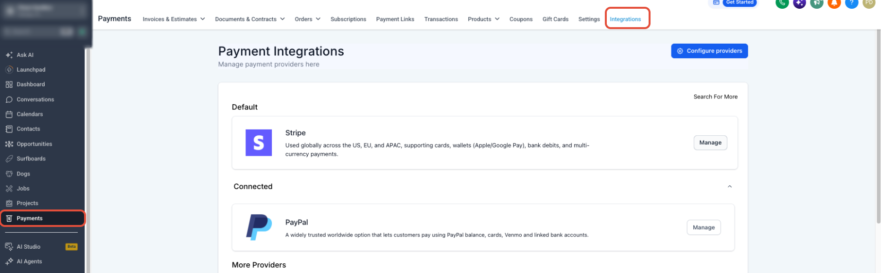 Payments Integrations page showing Stripe as the default payment provider with the Manage button