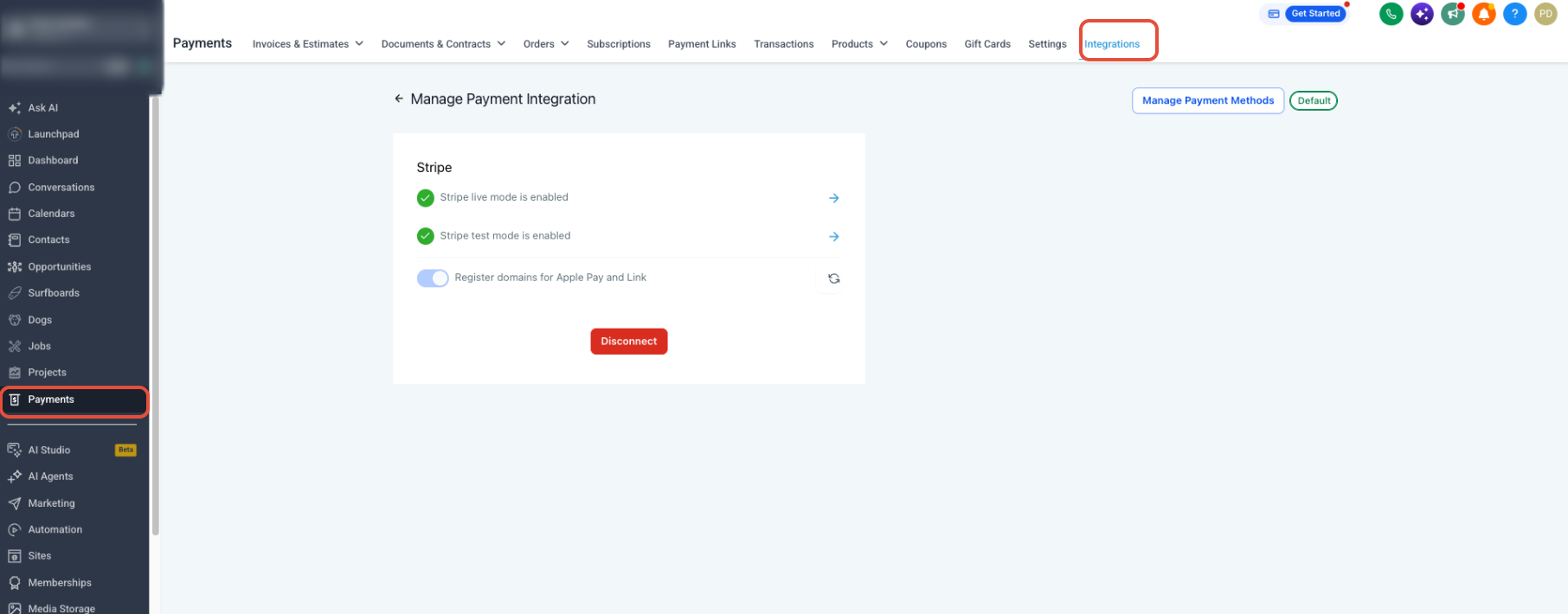 Manage Payment Integration page showing Manage Payment Methods and Register domains for Apple Pay and Link