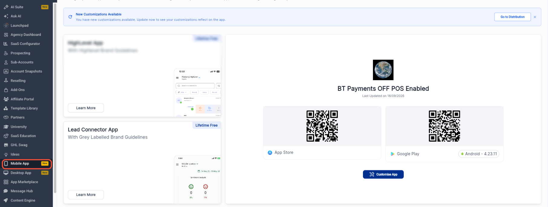 Mobile App workspace showing available mobile app options, store download QR codes, and the Customise App button