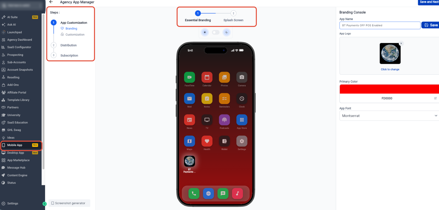 Branding Console showing App Name, App Logo, Primary Color, App Font, and branding steps