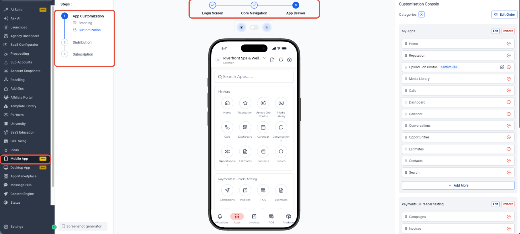 App Drawer customization showing categories, supported modules, Edit Order, and Add More