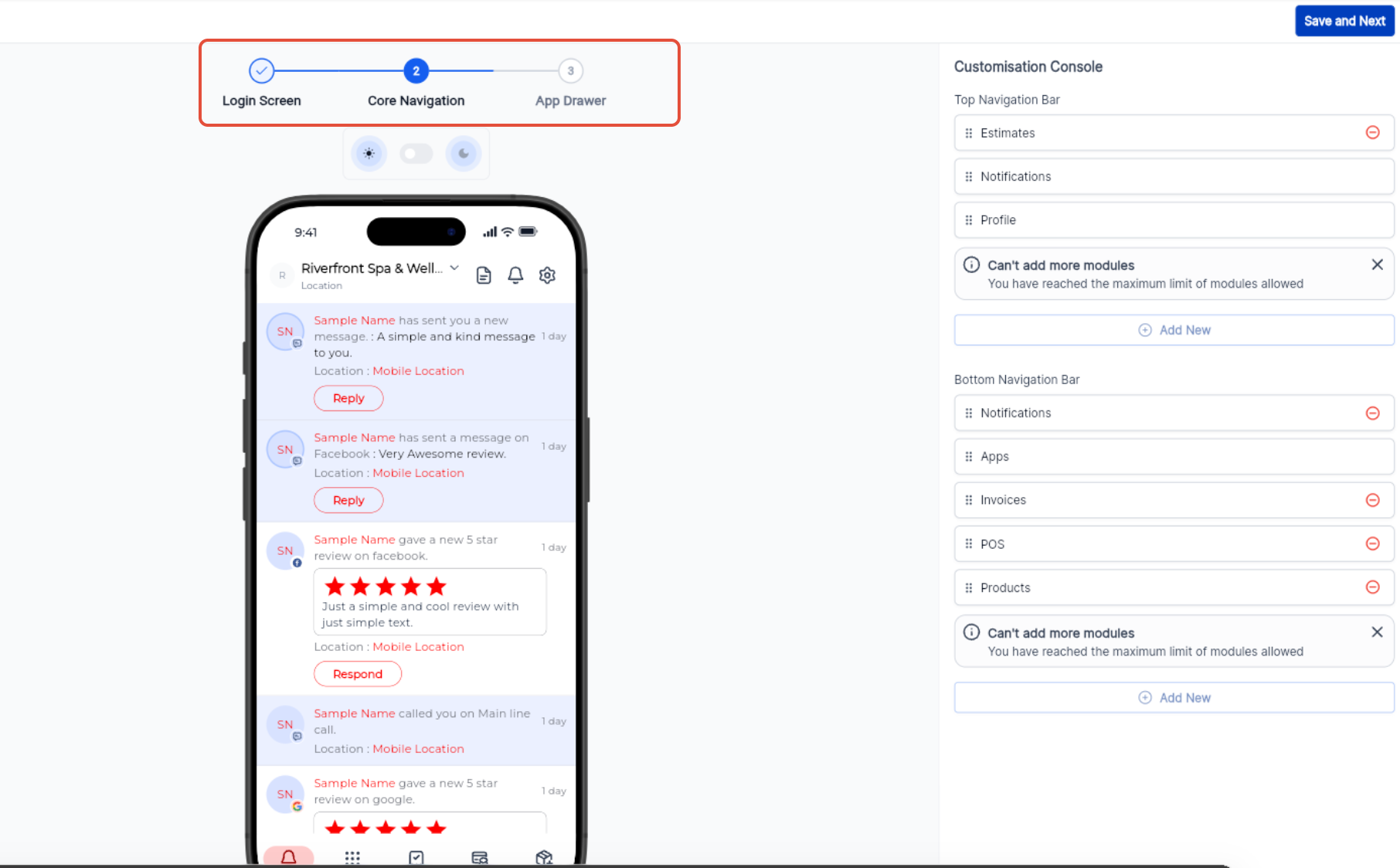 Core Navigation settings showing Top Navigation Bar and Bottom Navigation Bar modules