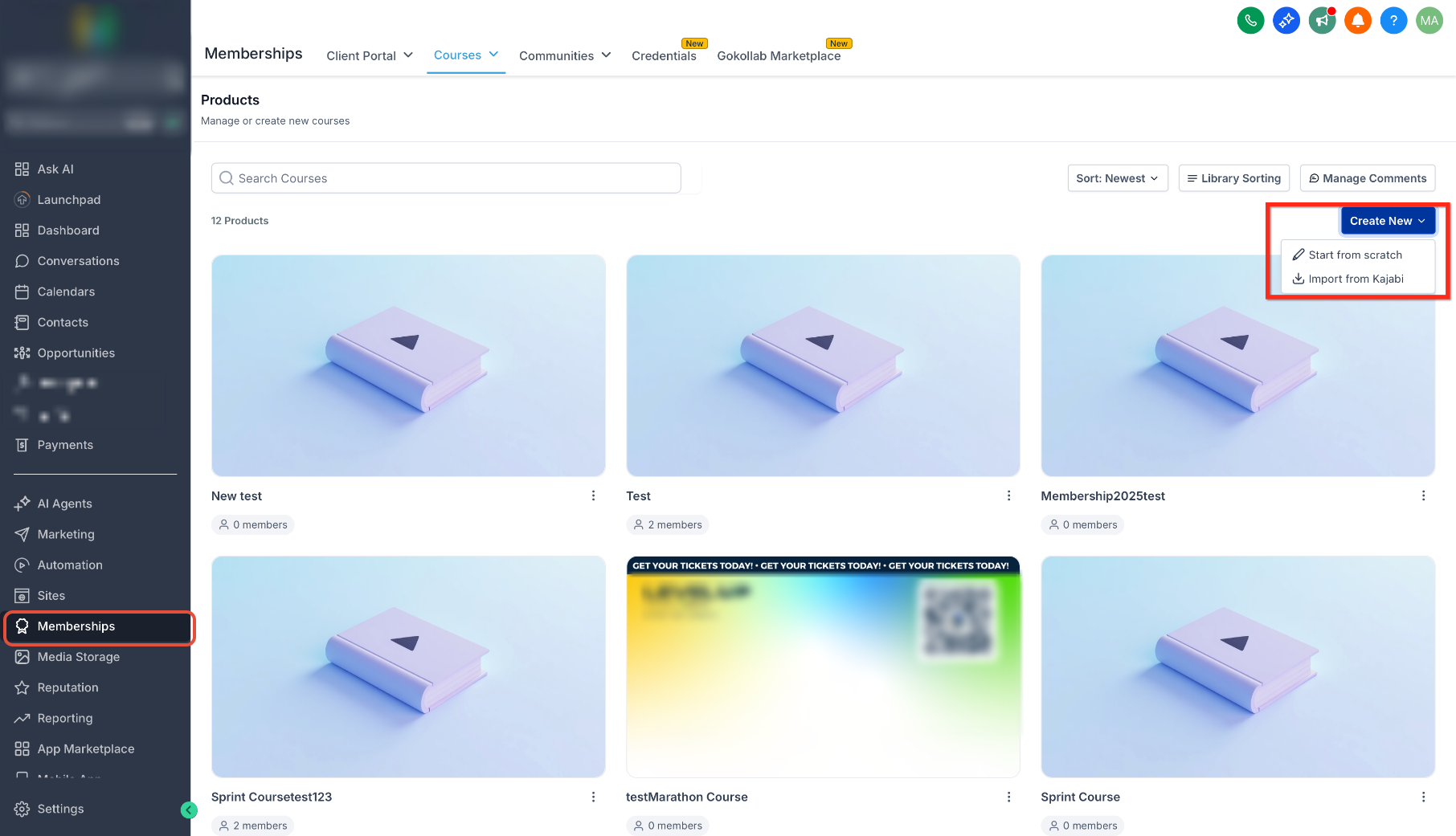 Courses Products page showing Create New and Start from scratch