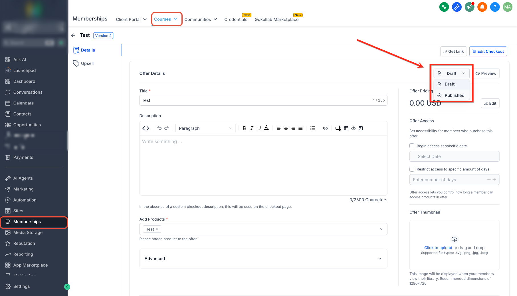 Course Offer editor showing Draft and Published status options
