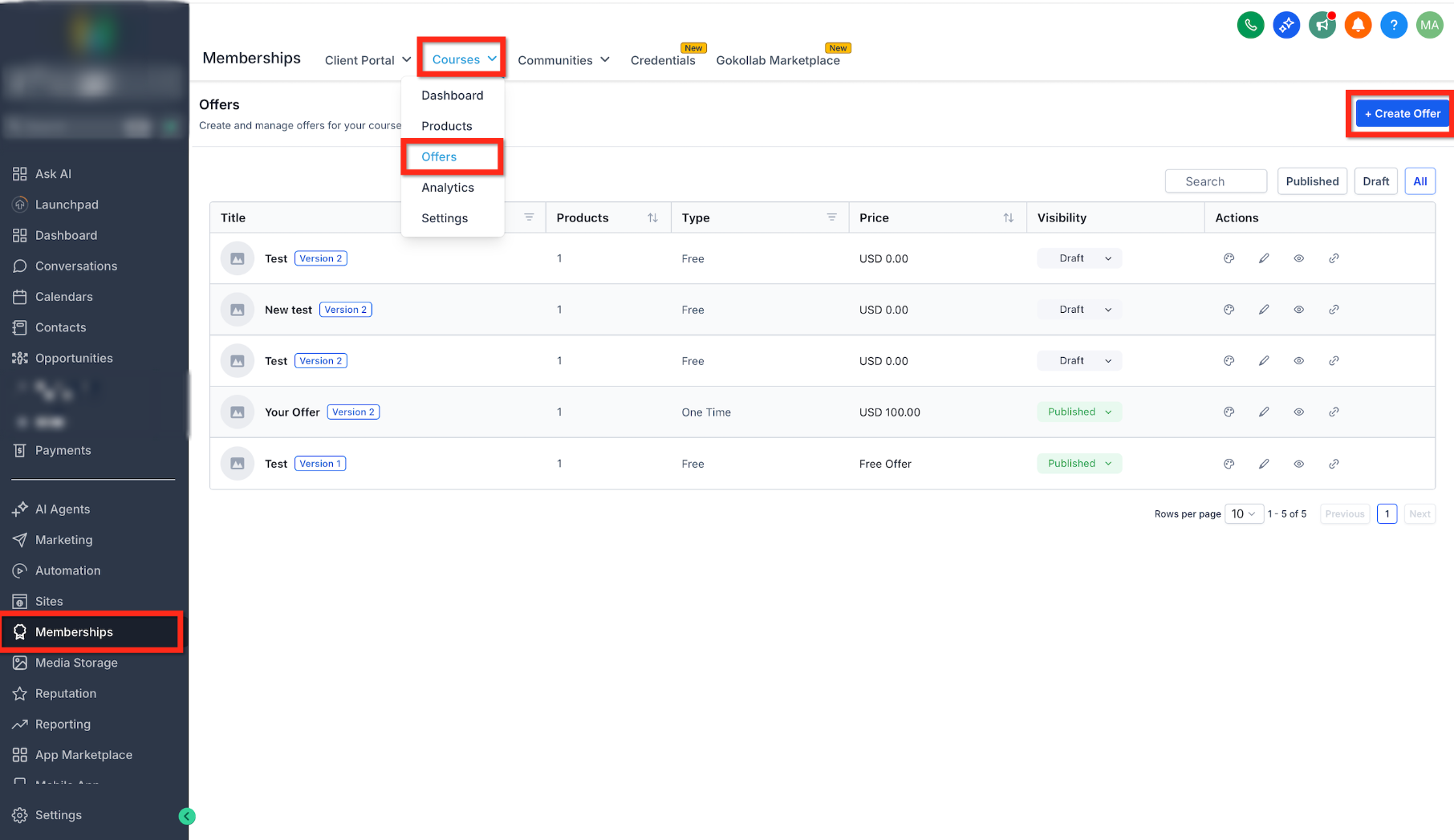 Memberships Courses Offers page showing the Create Offer button