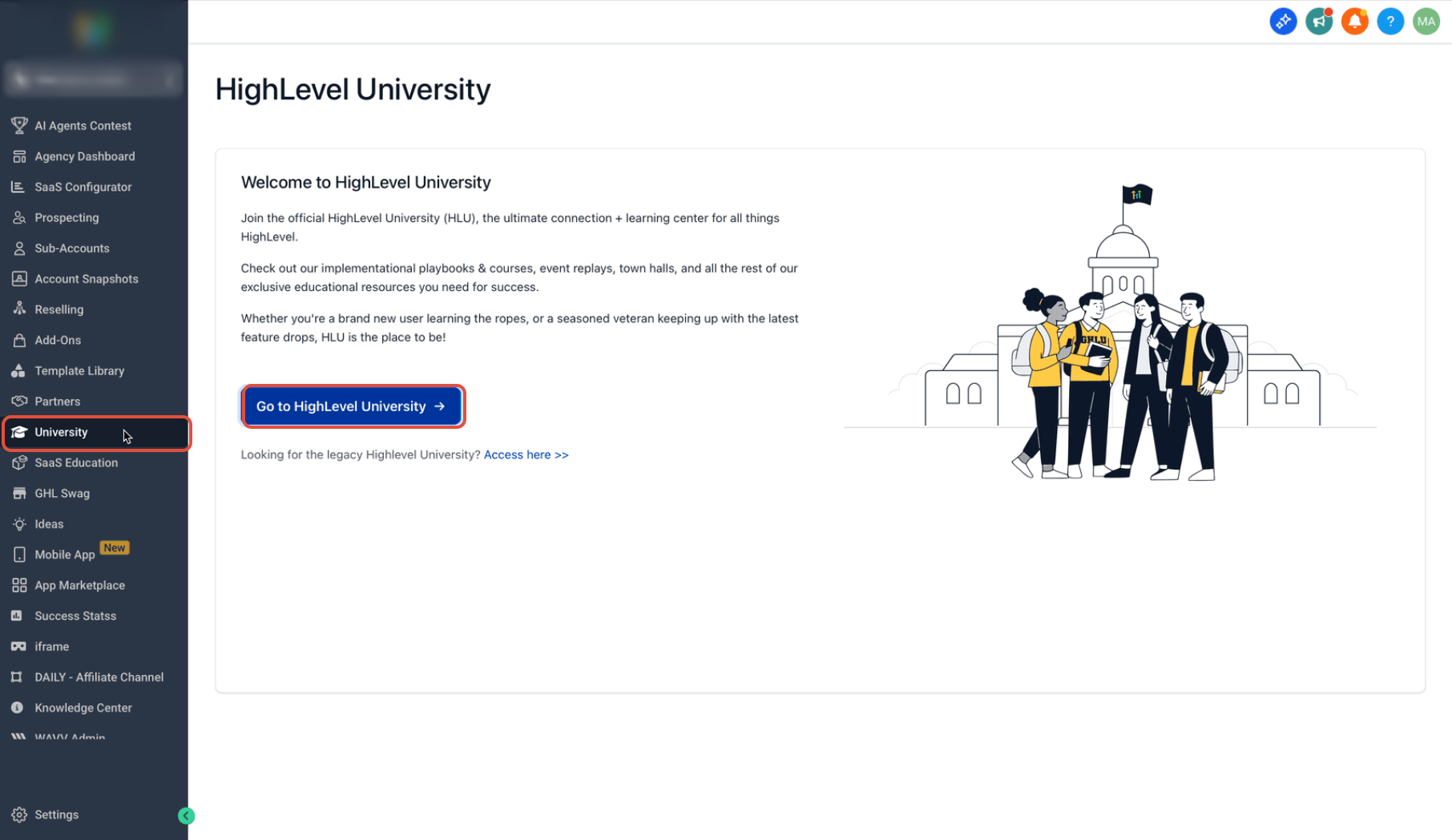 Agency View navigation to HighLevel University and The Course Creator's Playbook