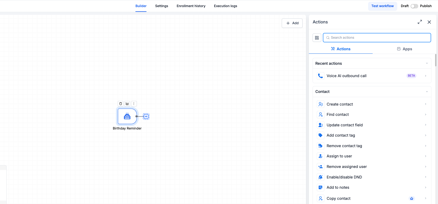 Workflow Builder Actions panel showing the action search interface