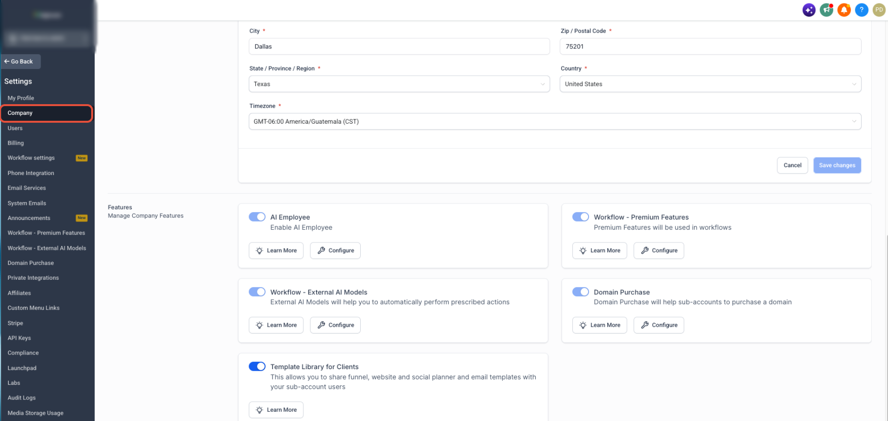 Agency Company settings showing the Template Library for Clients toggle