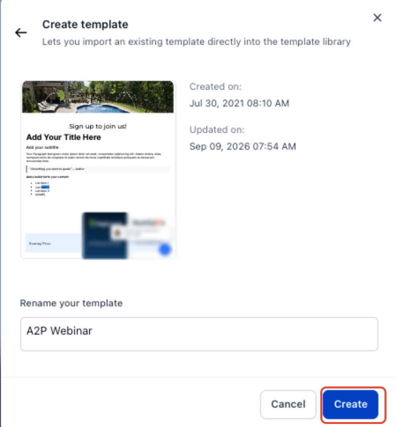 Create template screen showing the template preview, rename field, and Create button