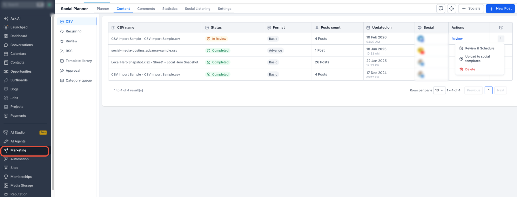 Social Planner Content area showing the Upload to social templates action