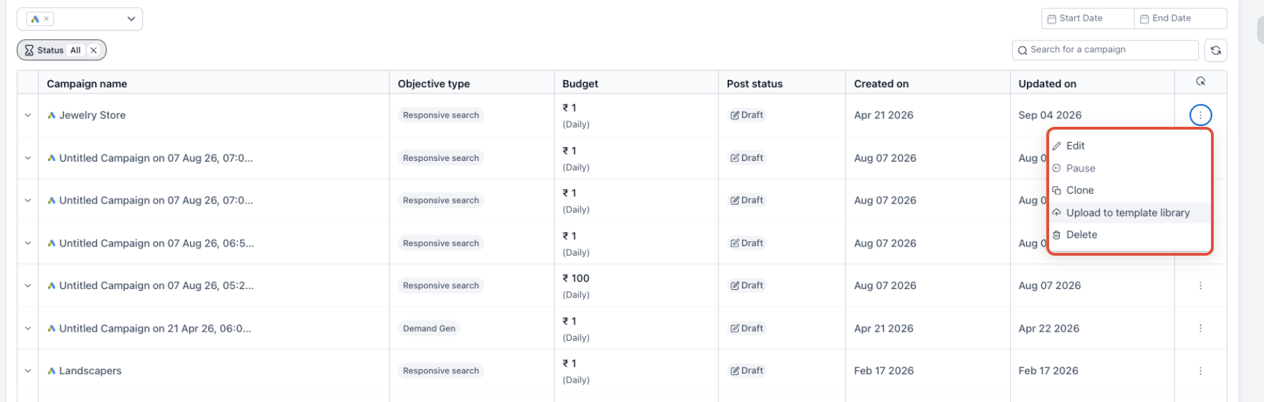 Ad Manager campaign menu showing the Upload to Template Library action