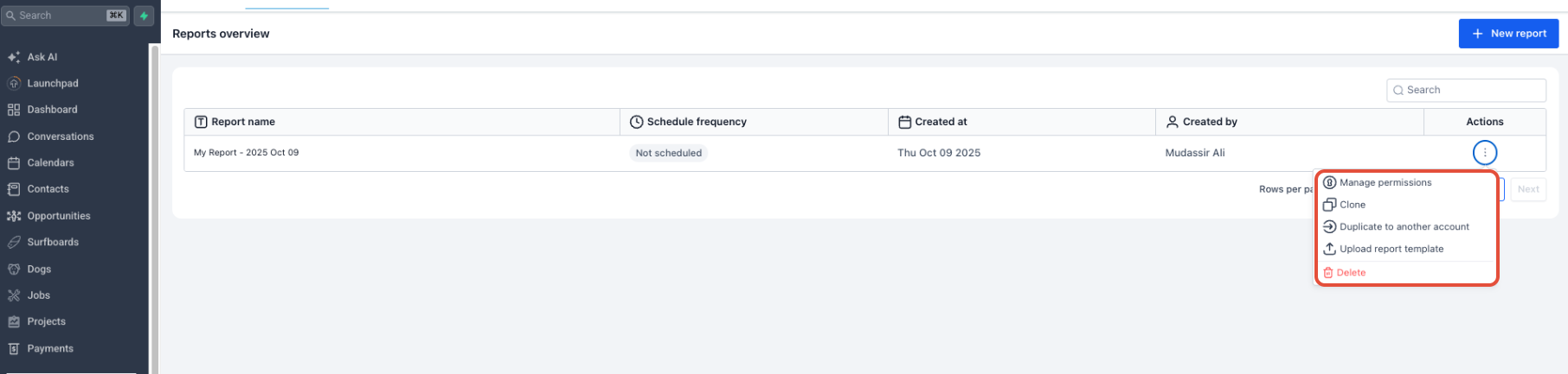 Reports Overview action menu showing Manage permissions and Upload report template