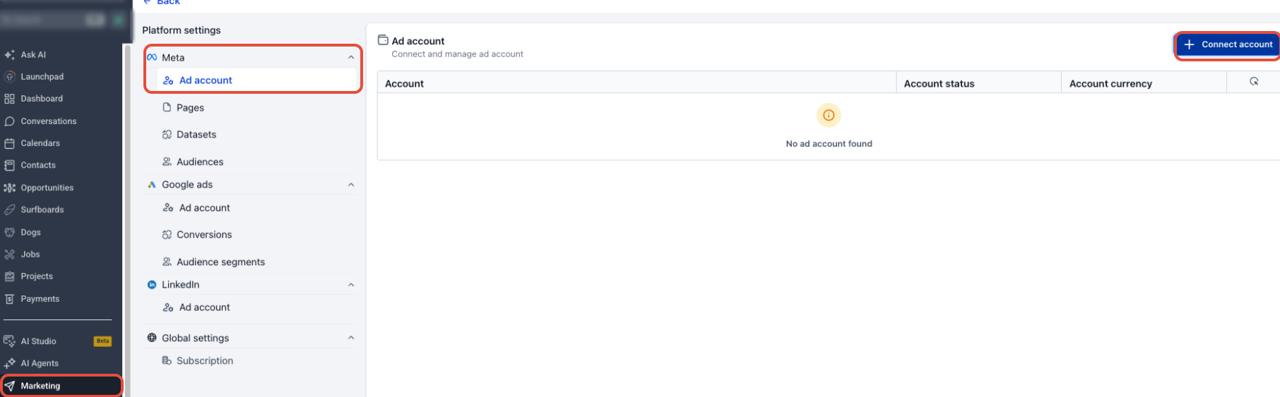 Ad Manager setup screen for connecting Facebook and selecting Meta assets