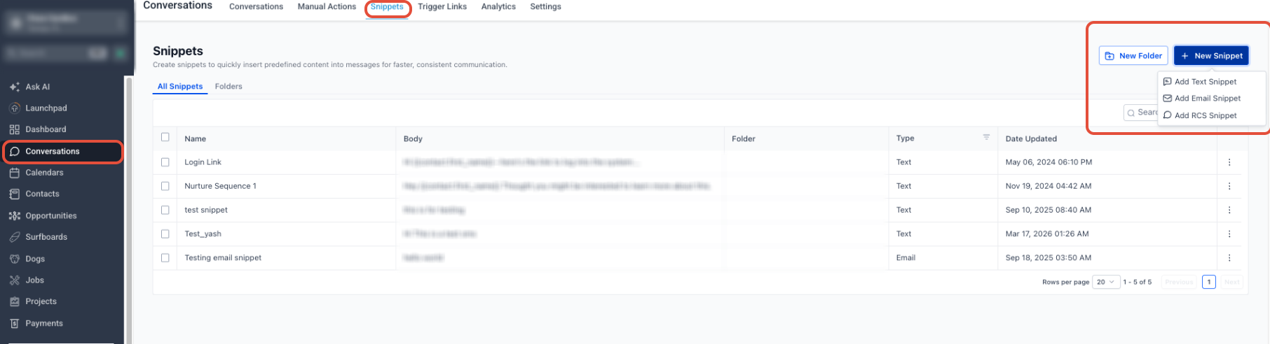 Snippets page showing the option to create a new Text Snippet