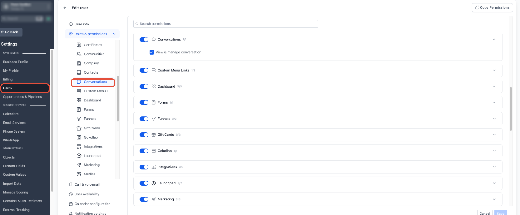 User Roles and Permissions showing Conversations permission with View and manage conversation enabled