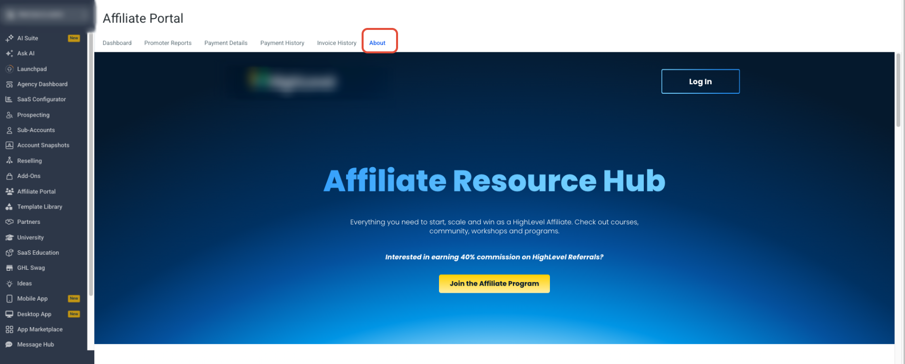 Agency View with Affiliate Portal selected and affiliate reporting and payment tabs available