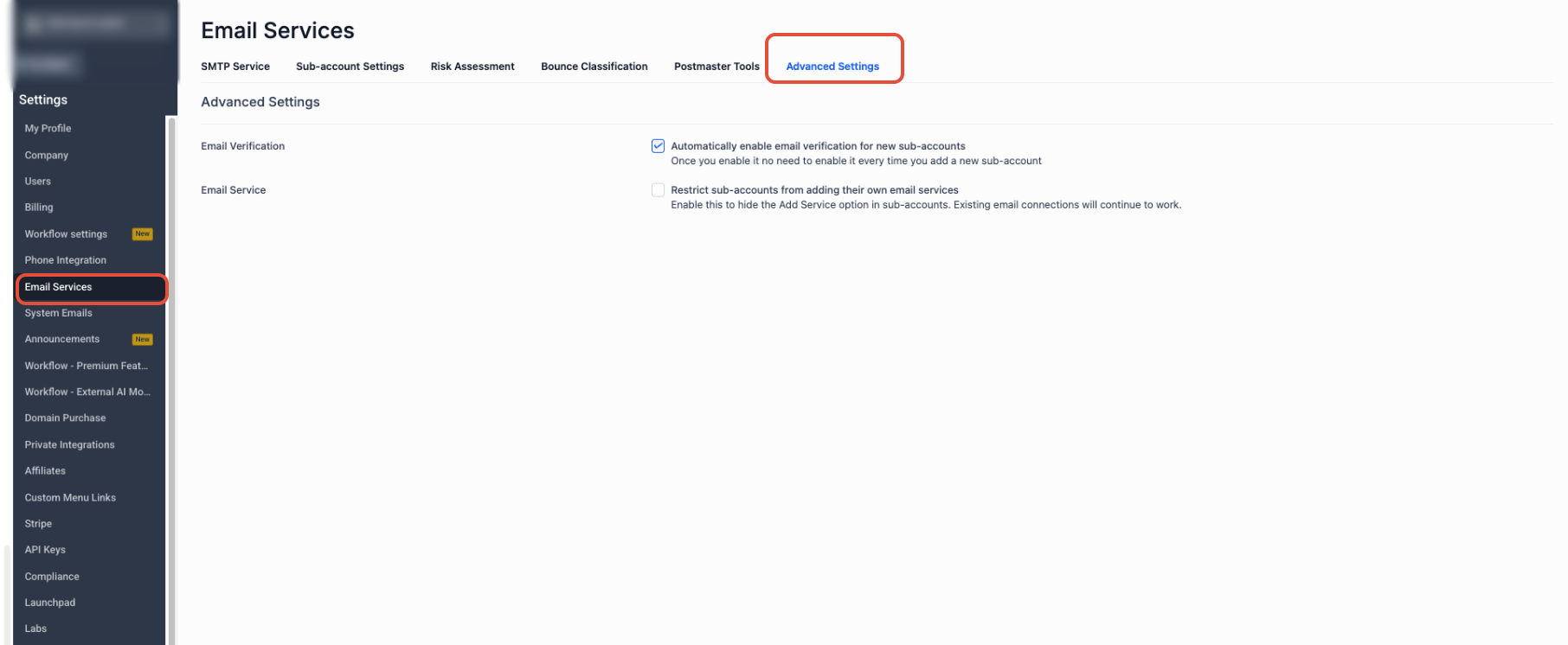 Agency Email Services Advanced Settings showing controls for sub-account email service access