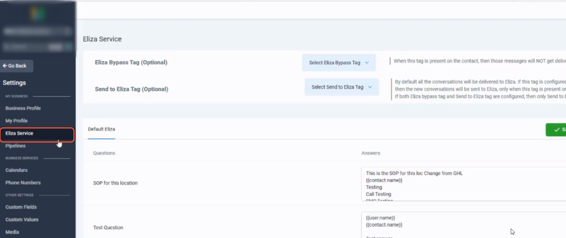Sub-account Settings showing the Eliza Service page with routing controls