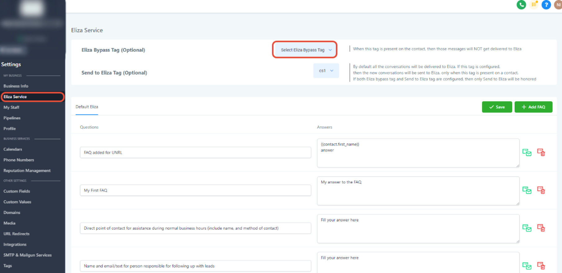 Eliza Service settings showing the Eliza Bypass Tag selector