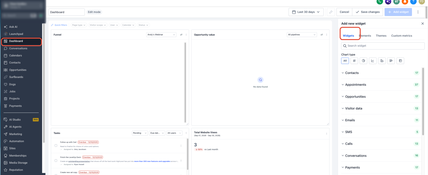 Dashboard widget selection and configuration interface