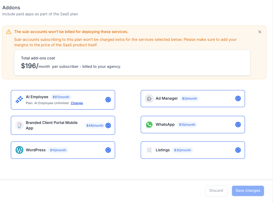 Selected SaaS add-ons showing the calculated agency cost