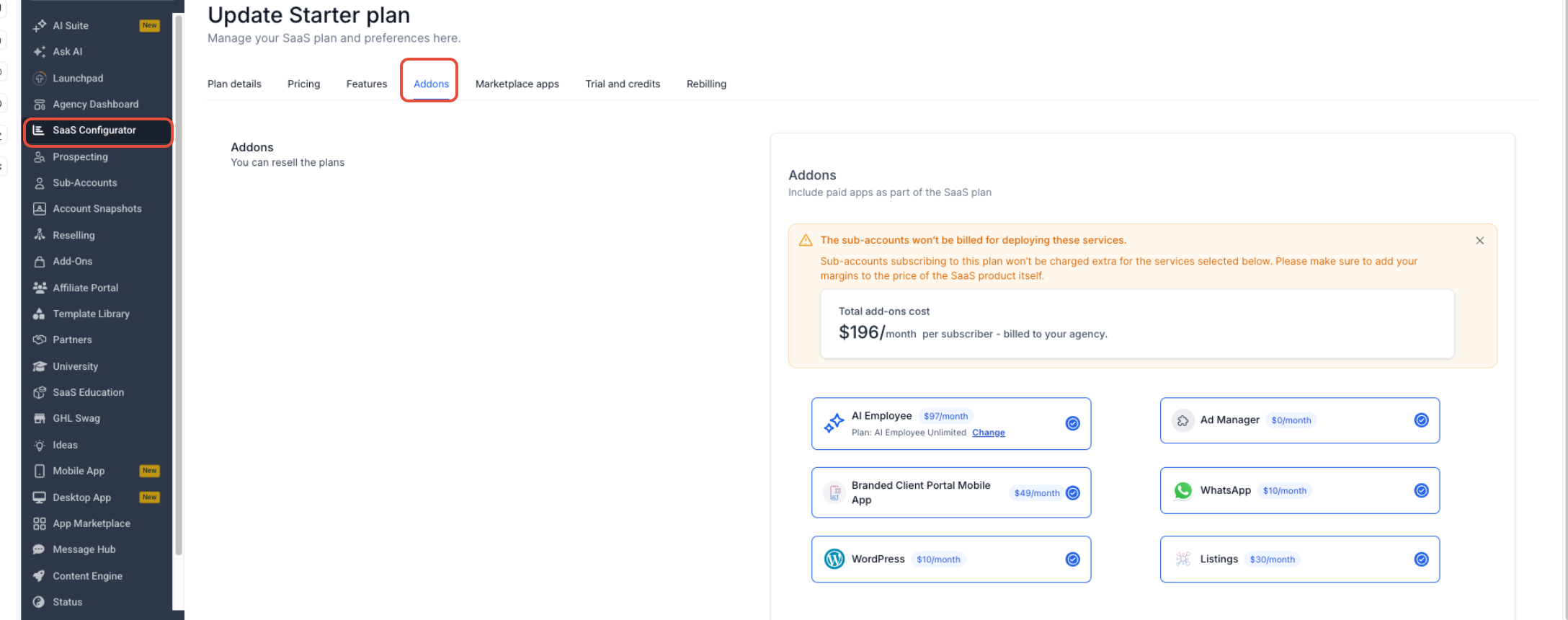 SaaS Configurator Add-Ons area showing available products