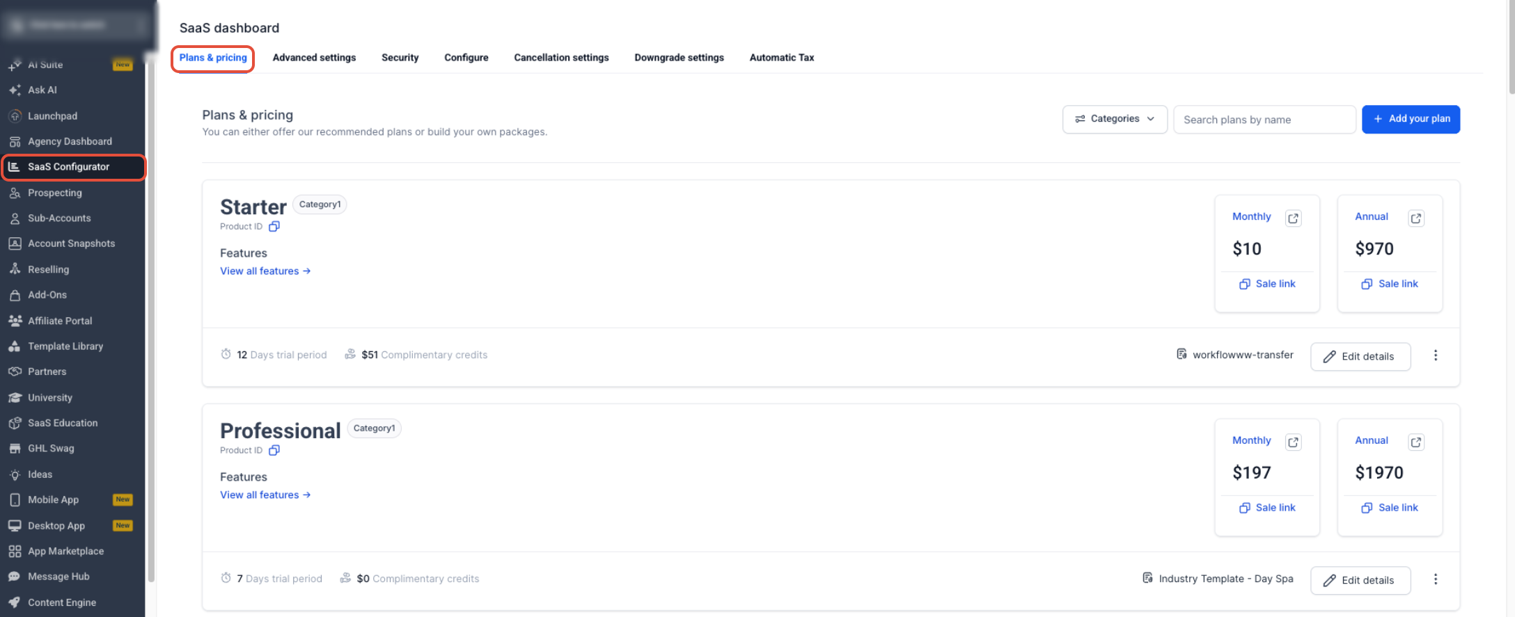 SaaS Configurator showing available SaaS plans