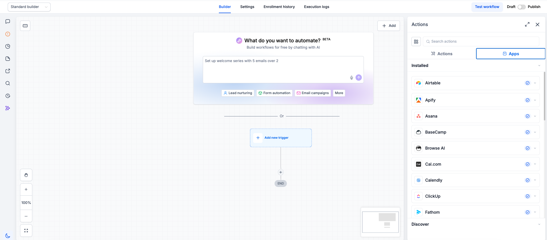 Workflow Builder showing the Prospect Generated trigger and filters