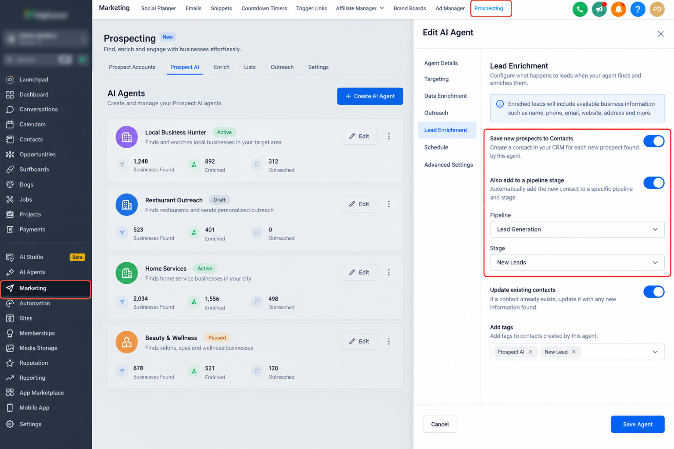Prospect AI configuration showing CRM pipeline and stage settings